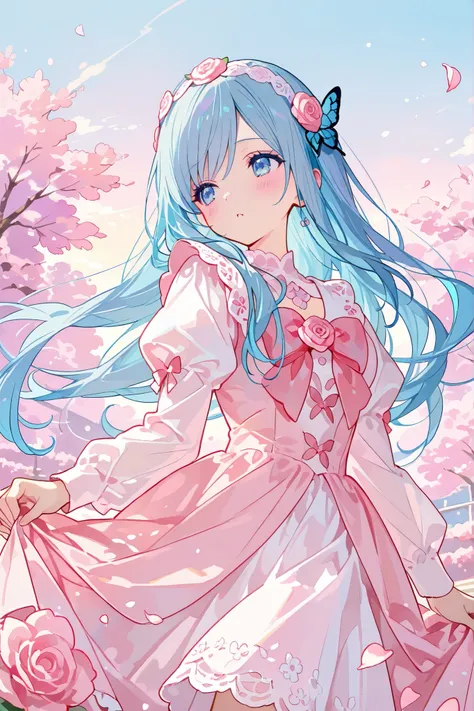 masterpiece, Highest Quality, super detailed, with a soft, curious expression , with flowing blue hair and big , Shining Blue Eyes . An anime-style scene depicting a girl with long hair , Her expression is soft and inquisitive,、 Looking Back Over My Sh...