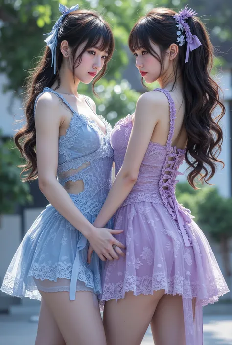 (highest resolution), (super clear focus photorealistic:1.5), ((RAW photo of a top Japanese idol doing sword dances:1.15)), (and poses so beautifully:1.8), BREAK, ((Each of the two goddesses has a lace dress)), (2 goddesses are husbands々light blue and ligh...