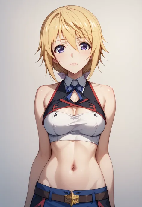 (((SFW、Highest quality、First Class Masterpiece、Normal Body 、32k、detailed face、super precise、Normal Hand、Highest)))、Charlotte DUNOIS/Charlotte Dunois 、『Is -Infinite Stratos』、Beautiful girl、Blonde、super miniskirt、separate、 Navel Exposure 、sleeveless、tube top