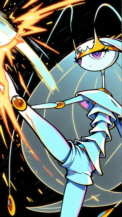 Pheromosa from Pokemon, White Body,Thin Waist, Very Thin Waist, Wasp Waist, Solo,vibrant colors, cel shading, Simplistic Art Style, solo,((round kick:1.3)),side view,(action:1.3),(acrobat:1.3),{cyberpunk background}