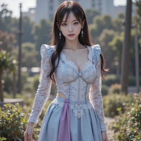 (highest resolution), (super clear focus photorealistic:1.5), ((RAW photo of a top Japanese idol trying to pull out a sword stuck in the ground:1.15)), (with the image of a light blue and light purple lace dress is in a very beautiful standing pose:1.8), B...