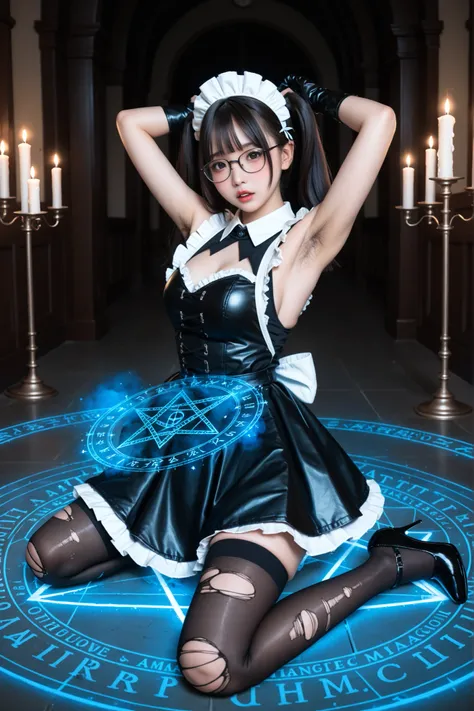 (glasses Japanese girl, kneeling on magic circle on floor in Gothic style mansion at late night), hairy armpits, (armpit hair:1.4), ((maid Costume, sleeveless, Torn black stockings:1.2, stiletto heels, leather long gloves)), ((hairy armpit exposed, looking...