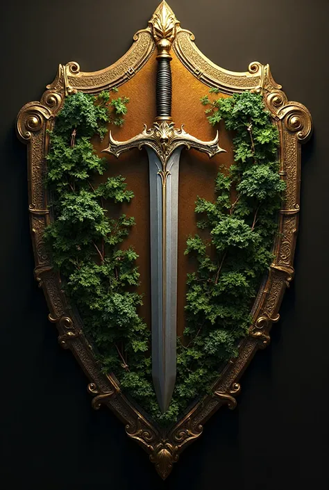 Create for me a 3D coat of arms with gold details with sword and vegetation 