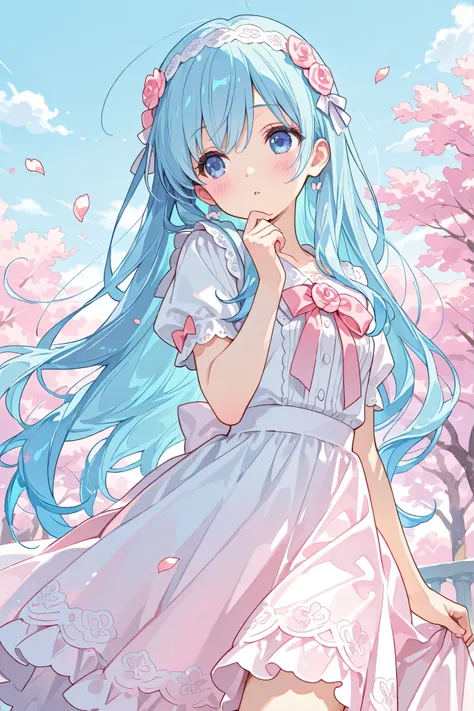 masterpiece, Highest Quality, super detailed, with a soft, curious expression , with flowing blue hair and big , Shining Blue Eyes . An anime-style scene depicting a girl with long hair , Her expression is soft and inquisitive,、 Looking Back Over My Sh...