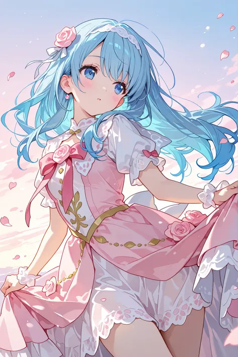 masterpiece, Highest Quality, super detailed, with a soft, curious expression , with flowing blue hair and big , Shining Blue Eyes . An anime-style scene depicting a girl with long hair , Her expression is soft and inquisitive,、 Looking Back Over My Sh...