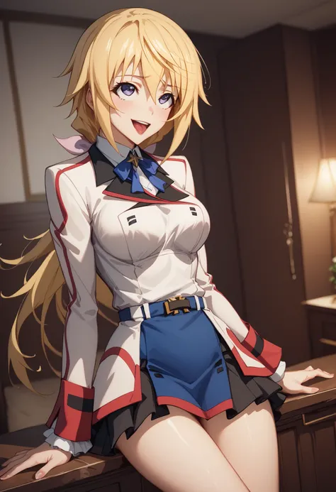 (((SFW、Highest quality、First Class Masterpiece、Normal Body 、32k、detailed face、super precise、Normal Hand、Highest)))、Charlotte DUNOIS/Charlotte Dunois 、『Is -Infinite Stratos』、Beautiful girl、Blonde、Slim、slender、super miniskirt、 roll up the skirt yourself