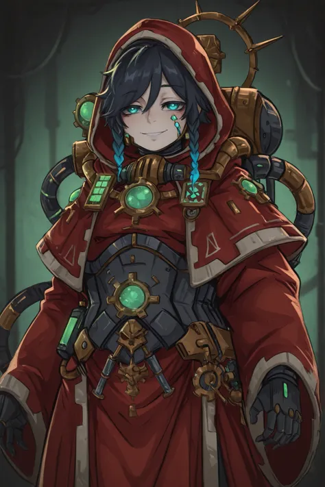 Drunkr3mbr4ncer, kurenaiz, masterpiece, best quality, amazing quality, very aesthetic, high resolution, ultra-detailed, newest, warhammer 40k, 1boy, male focus, venti_\(genshin_impact\), solo, Adeptus Mechanicus, black hair, red mechanicus robes, glowing g...