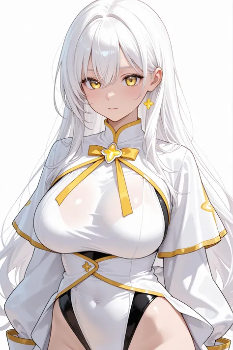 1girl, large breasts, magical girl, long white hair, yellow eyes, leotard under clothes, white outfit, white background