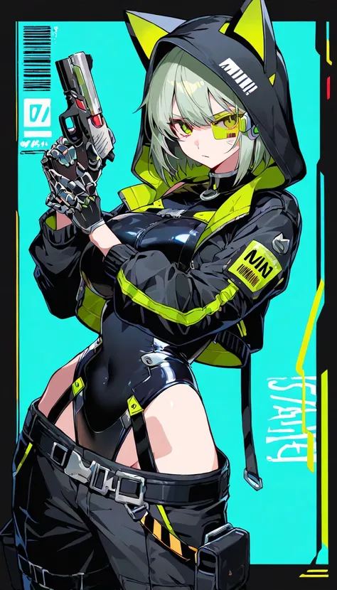 (beautiful girl : 1.3),1 girl,(black shiny leotard with green lines,mechanical leotard,black cargo pants,white cropped jacket with hands,cat ear hood,scouter,belt,Harness,with handguns,Mechanical Limbs), green hair,Manna's expression,barcode tattoo on her cheek,simple colored background with tact,dynamic angle,masterpiece,Highest Quality,rich contrast,high image quality,8k,High Definition CG Unit Wallpaper,texture,Incredibly Absurd,RAW pictures,Deep Border 1 .2,very detailed