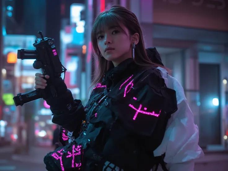 (Highest Quality, 128k,高Resolution,masterpiece:1.2),super detailed,(realistic,photorealistic,photo-realistic:1.37), ((masterpiece)) ((Picture)) ((Highest Quality)), Full body portrait of a stylish woman holding a cyberpunk style weapon , with a cyberpunk v...