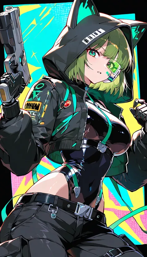 (beautiful girl : 1.3),1 girl,(ARW),(black shiny leotard with green lines,mechanical leotard,black cargo pants,white cropped jacket with hands,cat ear hood,scouter,belt,Harness,with handguns,Mechanical Limbs), green hair,Manna's expression,barcode tattoo on her cheek,simple colored background with tact,dynamic angle,masterpiece,Highest Quality,rich contrast,high image quality,8k,High Definition CG Unit Wallpaper,texture,Incredibly Absurd,RAW pictures,Deep Border 1 .2,very detailed