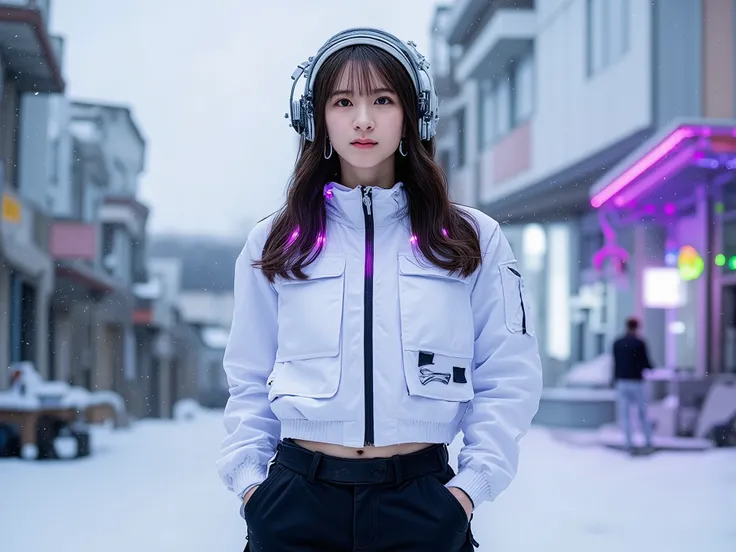 (Highest Quality, 128k,高Resolution,masterpiece:1.2),super detailed,(realistic,photorealistic,photo-realistic:1.37), ((masterpiece)) ((Picture)) ((Highest Quality)) full body portrait of stylish woman in colorful modern tech wear fashion, layered futuristic...