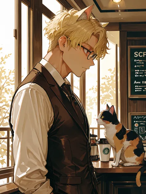 profile,man,japanese,Master piece,Best Quality,ultra detailed,Anime,a handsome man, man, solo,very Short Hair,center part Hair,Wavy Hair,beautiful blond hair,cat ears,soulful eyes,Natural Lighting,beautiful brown eyes,indoor,coffee shop,toned,standard body...