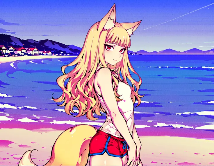 Source_anime, fishine style, 1girl, solo, kitsune girl BREAK
Kemonomimi, fox ears, blonde hair, long hair, wavy hair, bangs, red eyes, small breasts, fox tail, yellow tail BREAK
White tank top, dolphin shorts, red shorts BREAK
Looking at viewer, lig...
