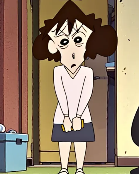 Masterpiece, best quality. A hilarious scene in the Crayon Shin-chan style. Shin-chan Nohara dressed as a comical criminal mastermind, wearing a tiny black domino mask and a striped shirt, tiptoeing across the kitchen floor. He is sneakily stealing a box of his favorite Chocobi biscuits from the counter. In the doorway behind him, his mother Misae Nohara stands with a comically furious expression, a glowing aura of anger around her, ready to dispense justice. By Yoshito Usui, bold outlines, flat colors, dynamic composition, storytelling moment.