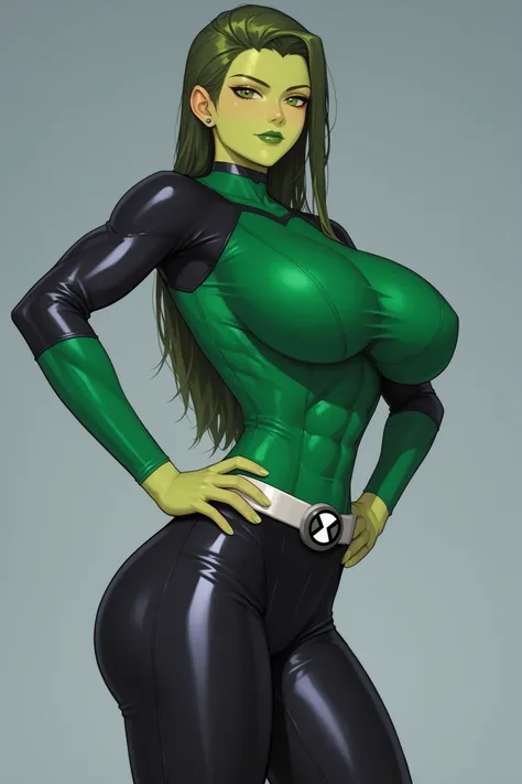 (perfect anatomy), cowboy shot, long hair, green hair, green eyes, ((solo)), ((looking at viewer)), lipstick, medium pants,black pants, detailed pants, multicolored suit, black suit, green suit, huge breasts, curvy, athletic, hands on hip, green skin, Big ...