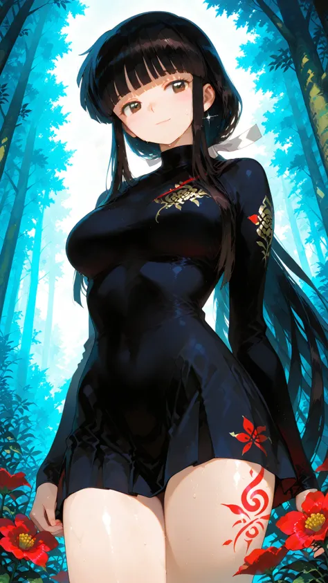 very long hair, blunt bangs, sidelocks, hime cut,,hair ribbon, long hair, blunt bangs, sidelocks, low ponytail,,kikyoinu, black hair, brown eyes,,Outstanding Artwork, Slightly Realistic, Extraordinary Quality, Very Beautiful, Ultra High Resolution, High Re...