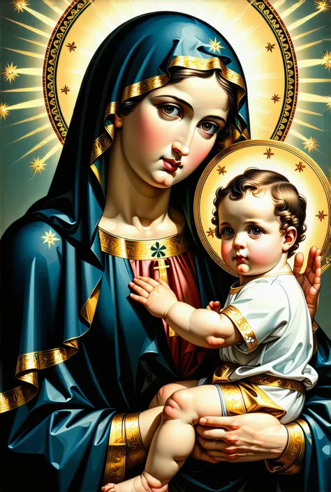 Give me the Virgin of Coromoro, holding her son in her arms, looking straight ahead and with a divine aura on her head, realistic style, with real but striking colors, high definition, full 2k 