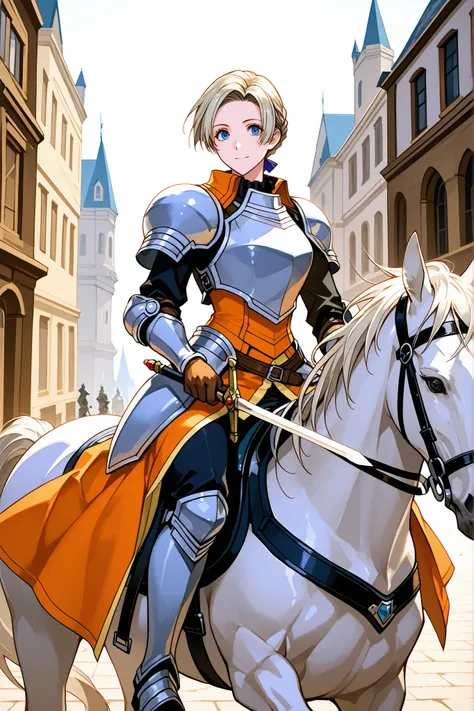 masterpiece, beautiful woman, Character, Suikoden III, Chris Lightfellow, embossed armor, orange clothing, City gate, holding a sword, BREAK white horse, horse riding, horse standing, horse armor