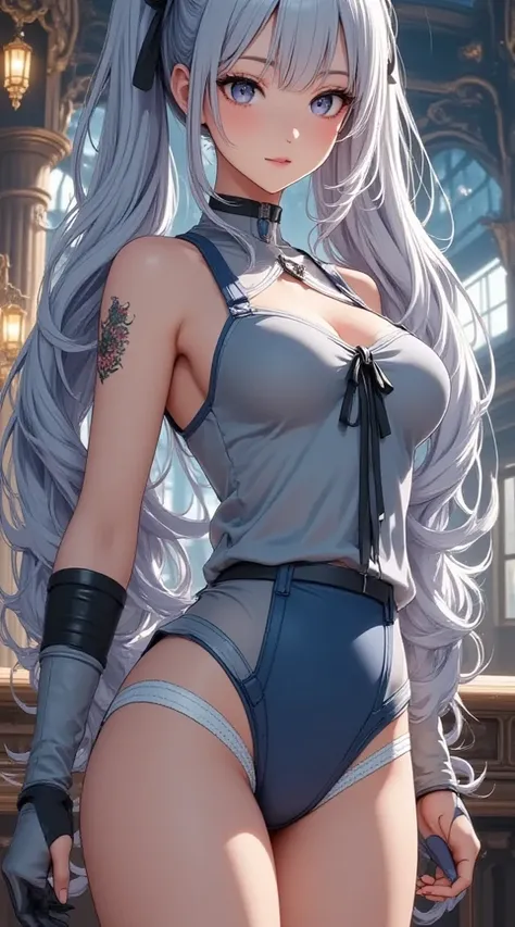 (masterpiece,   computer, mejor quality,  Clear focus, shadow, of the rays of God, ultra alta resolución, 8K, anatomía perfecta, Perfect face, (detailed face), (detailed eye), score_9, score_8_above, score_7_above, score_6_above, score_5_above, score_4_above, kilde_ animated, Label 1, Label2, quality_masterpiece,  Anatomically correct , beautiful face, Perfect face, Beautiful and highly detailed face and eyes,   Attractive Face  , detailed face, delicate facial features, bare shoulders, enormes pechos, breast size cup D or DD, wide hips, gigantic butt, thick thighs. looking at the spectator. fantastic environment. Anime-style illustration with an elegant, slim build and pronounced bust, long light blue hair styled in two pigtails with black ribbons. She is wearing a sleeveless blue-gray top with black details and long gloves that partially cover her arms. On the lower part she wears underwear fitted with white and light blue stripes that highlight her hips and buttocks, being the focal point of the image. On her left arm there is a tattoo.