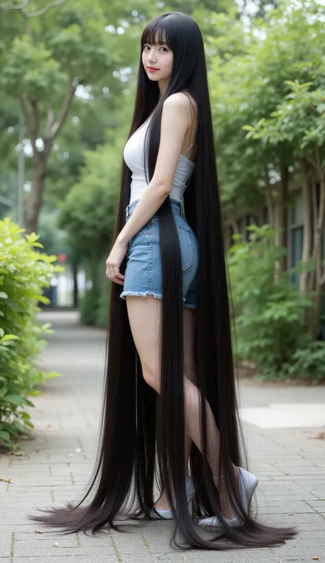 Actor Asuka Saito is cute and young with dimples.she is standing .She wears a sleeveless and strapless white tube dress very tight , fitted tight denim mini skirt and white high heel. She has the longest black hair .She has the longest light black hair up ...