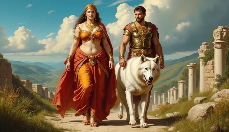 Full hd image of roman mythology godess lupa and a roman soldier walking with a big white wolf