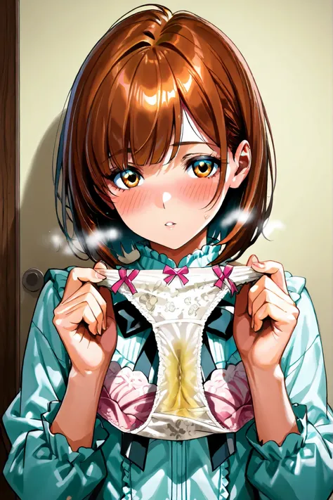  Short Silver Boba Hair ,  Copper Eyes , the beauty of Japan、Panties on the hands   、 Holding Panties with Both Sides 、 steam rises from panties 、  Showing Her Sexy Panties 、 Panties Close to the Screen 、Upper Body、 dirty underwear、on the back of the panti...