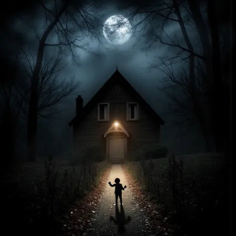 une couverture de CD pour un album de musique intitulé House of Halloween. L'image doit évoquer l'atmosphère d'un enfant perdu dans une maison hantée pendant la nuit d'Halloween, inspirée par les paroles d'une chanson. La scène doit capturer une ambiance à...