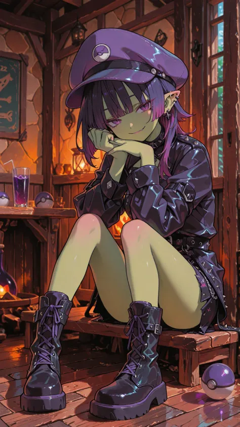 long hair。long bangs。glass。punk fashion。Wearing military boots。Gobgirl , Green Skin, short hair(asymmetry、wolf cut),multi colored hair。piercings, pointed ears, earrings, bad smile , purple hair, cool girl。Tavern。purple pokemon cap。purple pokeball in ...