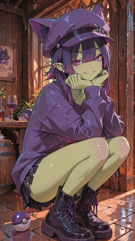 long hair。long bangs。glass。punk fashion。Wearing military boots。Gobgirl , Green Skin, short hair(asymmetry、wolf cut),multi colored hair。piercings, pointed ears, earrings, bad smile , purple hair, cool girl。Tavern。purple pokemon cap。purple pokeball in ...