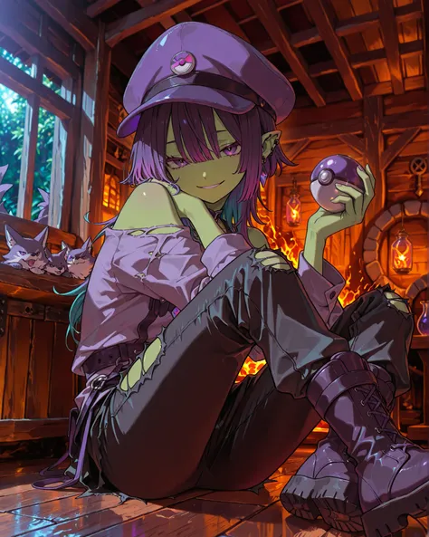 long hair。long bangs。glass。ripped jean pants。spunk fashion。Wearing military boots。Gobgirl , Green Skin, short hair(asymmetry、wolf cut),multi colored hair。piercings, pointed ears, earrings, bad smile , purple hair, cool girl。Tavern。purple pokemon cap。...
