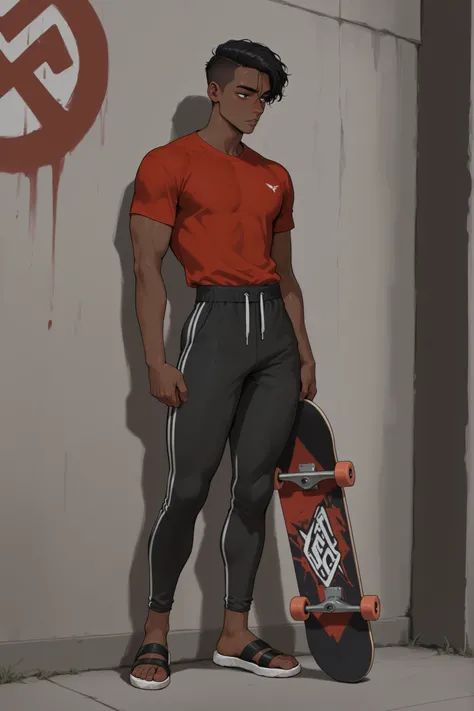 masterpiece, best quality, amazing quality, very aesthetic, high resolution, newest, hyper-detailed,solo, 1 MAN, ((MALE character)),slim male figure, black hair, african skin, red tshirt, sports pants, sandals, skateboard , stand on, full body, fan art, po...