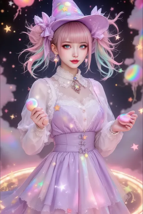 Colorful,Ultra-realistic “Sweet Witch” full-body portrait, vertical 2:3 poster,
the SAME yume-kawaii young woman (mid-20s) as before, photorealistic skin and fabric,
FULL BODY head-to-toe in frame:1.8, floor space visible around shoes:1.4, slight low angle...