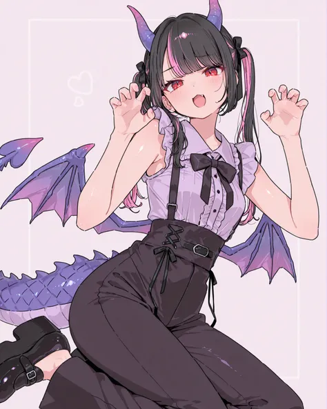 1girl, super cute girl, solo, along, long hair, black hair, pink hair, two-tone hair, shiny skin, Red Eyes, Dragon Tail, Horn, purple dragon wings, sleeveless, Mid-chest, collared shirt, Shirt Bow, twin tail, side lock, hair bow, jirai kei, platform shoes,...