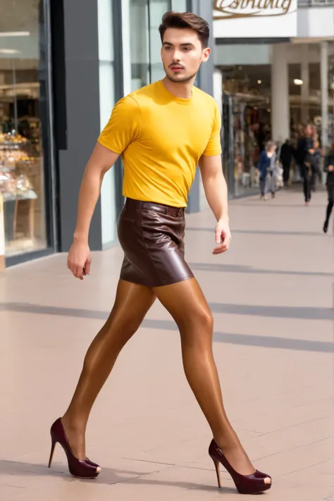 a young male man with a male face,  is wearing a yellow t-shirt, wear a brown leather mini skirt, medium brown amber shiny 40den pantyhose, burgundy closed high heel pumps, the male face Man runs in his pantyhose in a shopping mile in sunshine.
