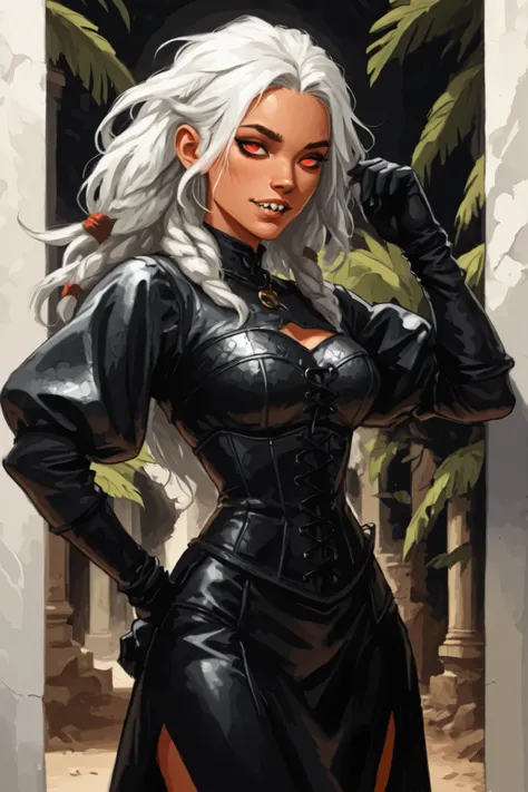 Drawn like the artist Bob Kehl. Inca girl. Phaedra from Fortnite with white and dark hair, deep red-coloured eyes, slanted eyes, darker skin, with sharp teeth, athletic body and abs. Slender and athletic. Cute, round and young face. White highlights in her...