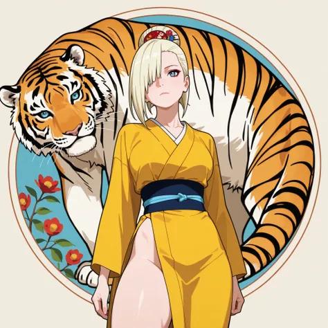 Tiger, tiger in the background, 1 woman, high definition, high resolution, ultra-realistic, 8K, blue eyes. Yellow kimono, long sleeves with flowers, oriental painting, sash around the waist. Beautiful woman in her 30s, blonde hair, oriental bun, geisha sty...