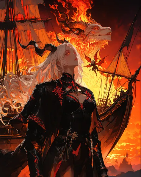 A character stands in a dramatic fantasy setting with a vibrant, fiery sunset sky creating a warm, glowing backdrop. The character is adorned in an intricate black leather-like outfit with striking red accents. Her attire is a blend of futuristic and medie...