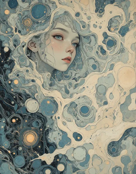 An exquisitely rendered Yuki-onna, the Snow Woman of Japanese folklore, emerges from a blizzard of swirling, crystalline flakes. The image is executed entirely in the meticulous cross-hatching technique of traditional engraving, emphasizing the depth of th...