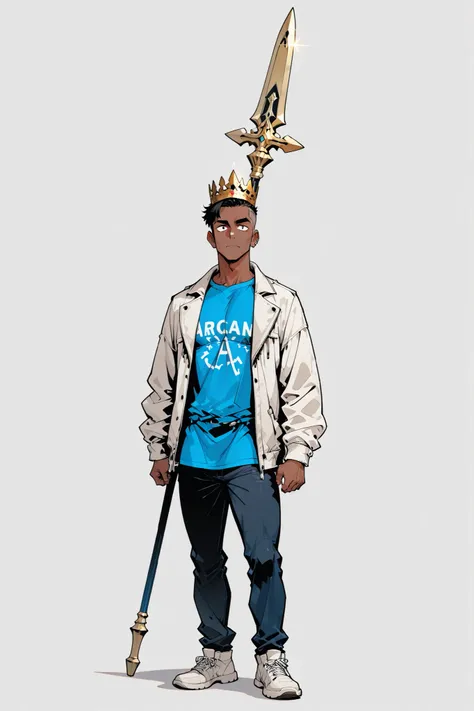 masterpiece, best quality, amazing quality, very aesthetic, high resolution, newest, hyper-detailed, (close up),solo, male character, mature man, short hair, side cut hair, African skin color, slim male figure, blue social shirt, white jacket, armed with l...