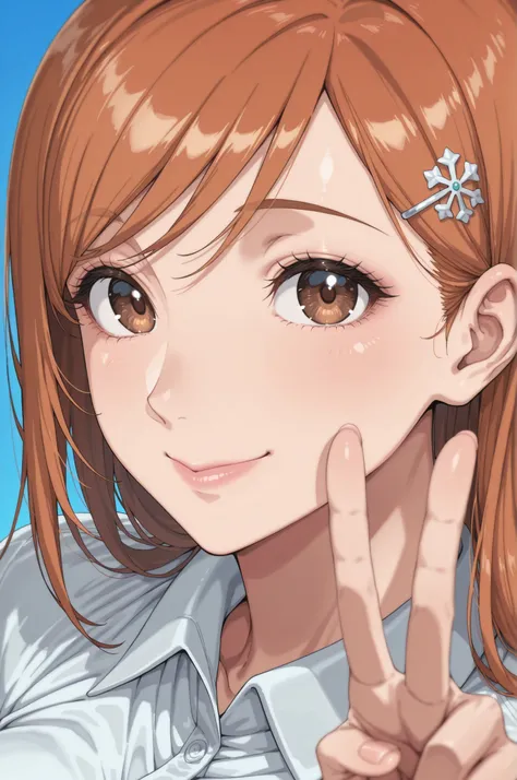 1girl, inoue orihime, close-up portrait, female, woman, hair clip,orange hair,long hair,brown eyes,fair skin,Shiny skin,pink lips,white collared shirt,simple background,blue background,v sign,one hand,heart,depth of field,slight smile,looking at viewer,fro...