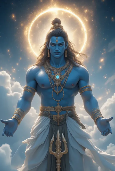 "A cinematic, hyperrealistic digital painting of a serene, blue-skinned divine figure of Lord Shiva. He is depicted with a third eye on his forehead, a crescent moon in his matted hair, and a serpent around his neck. The figure is adorned with intricate go...