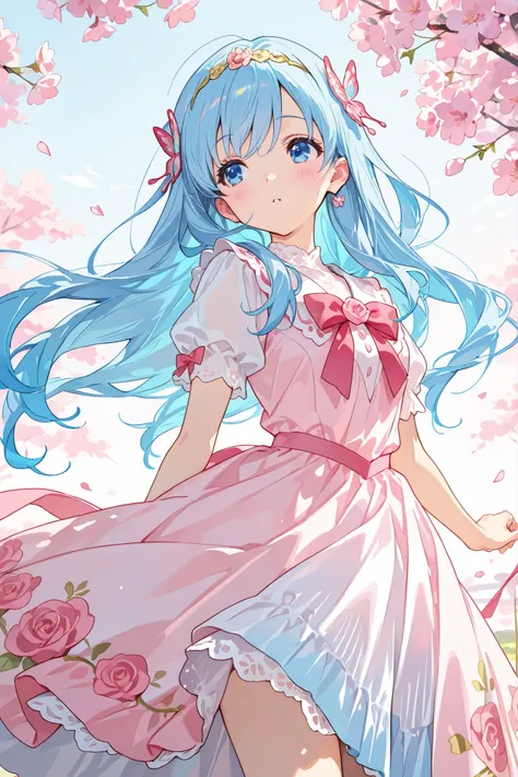 masterpiece, Highest Quality, super detailed, with a soft, curious expression , with flowing blue hair and big , Shining Blue Eyes . An anime-style scene depicting a girl with long hair , Her expression is soft and inquisitive,、 Looking Back Over My Sh...