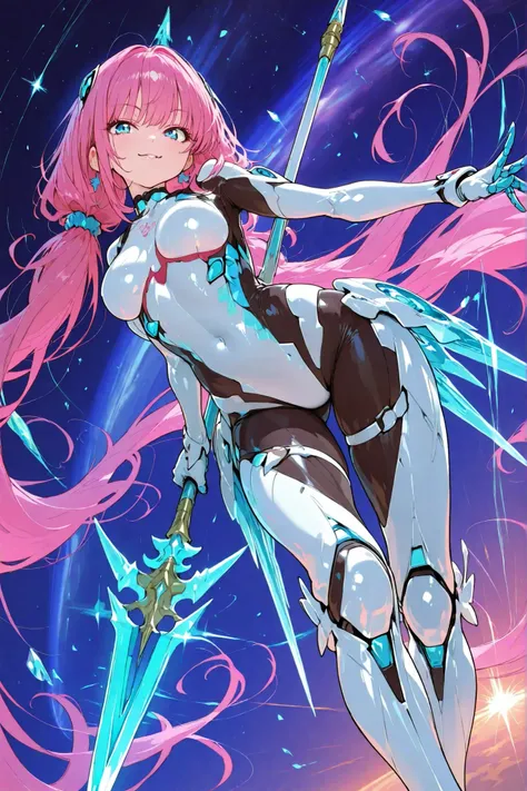 A powerful female warrior stands majestically against the backdrop of a vibrant galaxy, holding a massive energy-infused spear that pulses with blue-white plasma. She wears sleek, iridescent cyber armor with glowing circuit patterns and floating holographi...