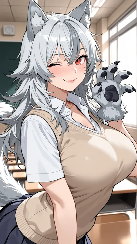 masterpiece, best quality, solo, female, close up, wolf girl, werewolf girl, close up, lips, furred hands, muscular, wolf ears, wolf tail, long messy grey hair, red eyes, school, uniform, schoolgirl, large breasts, slightly bulky body, looking at viewer, f...