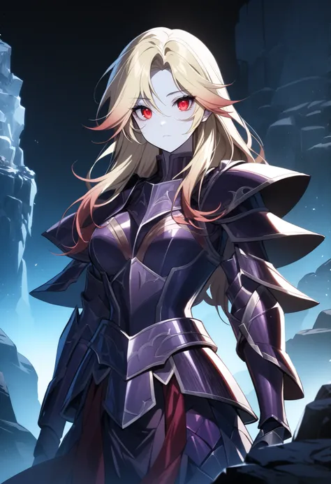 (high-quality, breathtaking),(expressive eyes, perfect face) Symmetrical Eyes, 1girl, female, solo, adult, looking at viewer, black background, soft eerie blue lighting background, rock terrain background, Dark Purple Armor, trim, full plate armor, half bo...
