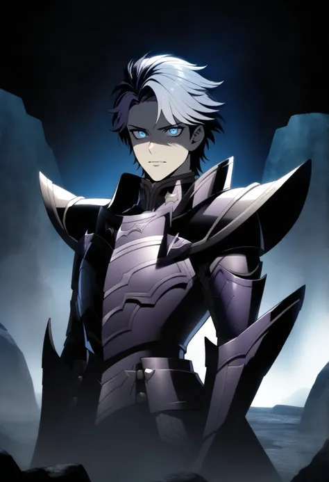 (high-quality, breathtaking),(expressive eyes, perfect face) Symmetrical Eyes, 1boy, male, solo, adult, looking at viewer, black background, soft eerie blue lighting background, rock terrain background, Dark Purple Armor, trim, full plate armor, half body ...