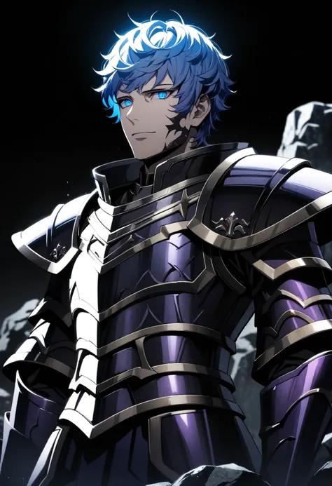 (high-quality, breathtaking),(expressive eyes, perfect face) Symmetrical Eyes, 1boy, male, solo, adult, looking at viewer, black background, soft eerie blue lighting background, rock terrain background, Dark Purple Armor, trim, full plate armor, half body ...