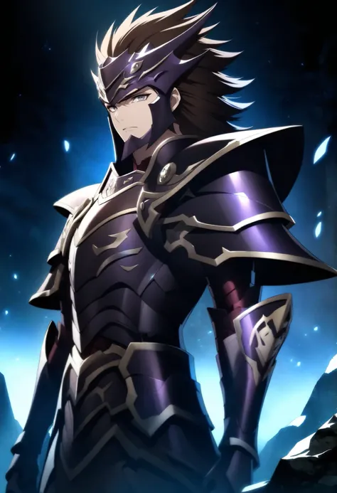 (high-quality, breathtaking),(expressive eyes, perfect face) Symmetrical Eyes, 1boy, male, solo, adult, looking at viewer, black background, soft eerie blue lighting background, rock terrain background, Dark Purple Armor, trim, full plate armor, half body ...