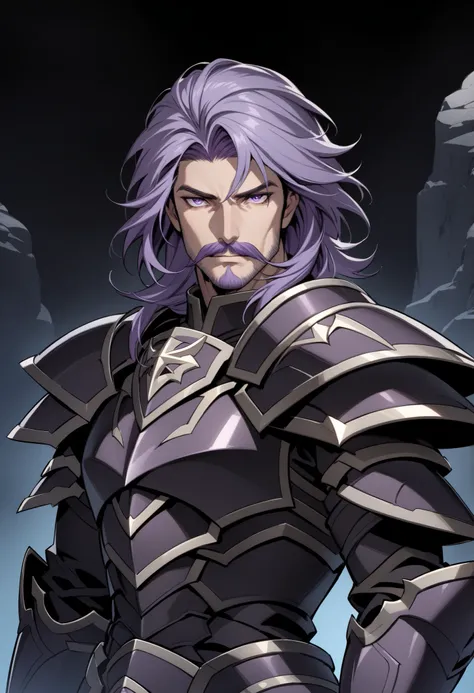 (high-quality, breathtaking),(expressive eyes, perfect face) Symmetrical Eyes, 1boy, male, solo, adult, looking at viewer, black background, soft eerie blue lighting background, rock terrain background, Dark Purple Armor, trim, full plate armor, half body ...